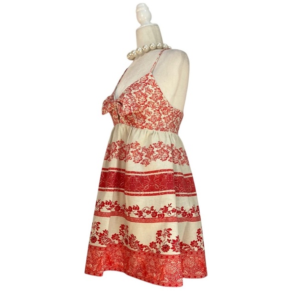 Alice + Olivia Linen Melvina Mini Dress Tie Front Block Print Red Antique White - Picture 9 of 16